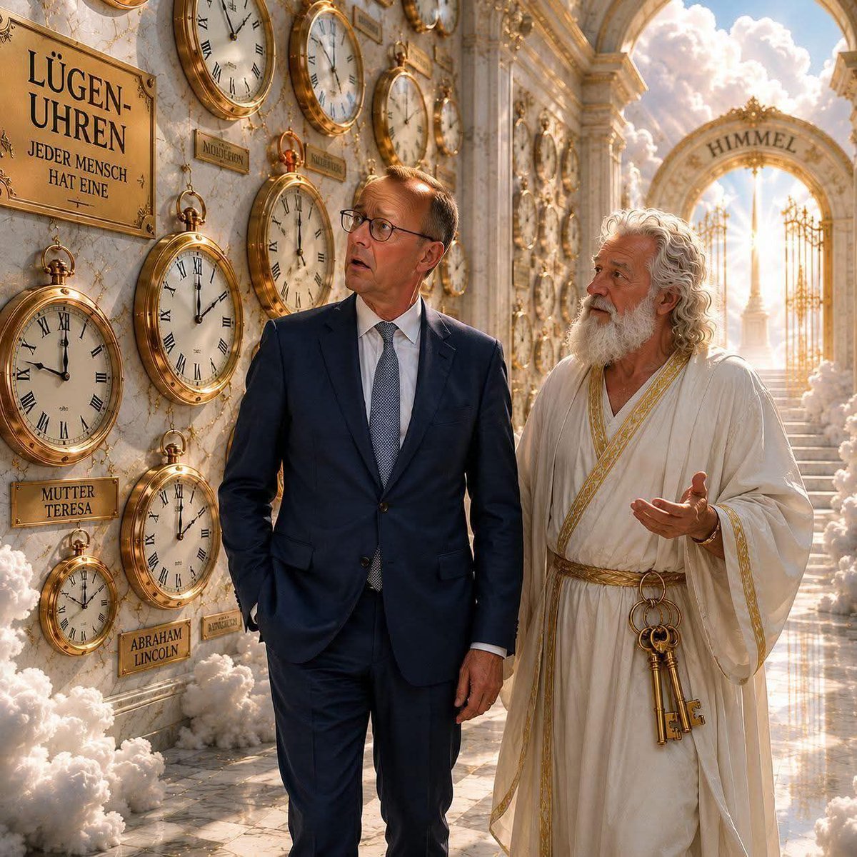 daniel_gugger's tweet photo. 888 Friedrich Merz ist gestorben und steht am Himmelstor. 

Petrus begrüßt ihn freundlich und bietet ihm eine kleine Führung durch den Himmel an.

Während sie durch einen langen Flur gehen, entdeckt Merz hunderte Uhren an den Wänden. 

Manche bewegen sich kaum, andere drehen sich ziemlich schnell.

Verwirrt fragt er:

„Was sind das denn für Uhren ?“

Petrus erklärt:

„Das sind die Lügen Uhren. Jeder Mensch auf der Erde hat hier eine. Immer wenn jemand lügt, bewegt sich der Zeiger weiter.“

Merz bleibt vor einer Uhr stehen, die exakt auf zwölf Uhr steht.

„Und wem gehört die ?“

„Mutter Teresa“, antwortet Petrus.
„Die hat nie gelogen.“

Ein Stück weiter hängt eine Uhr, deren Zeiger sich nur minimal bewegt hat.

„Und diese hier ?“

„Abraham Lincoln.“

Merz nickt beeindruckt und schaut sich weiter um.

Nach einer Weile fragt er vorsichtig:

„Und wo hängt eigentlich meine Uhr ?“

Petrus wird kurz still.

„Die hängt nicht hier.“

Merz schaut überrascht.

„Ach ? Wirklich so besonders ?“

Petrus nickt langsam.

„Ja allerdings. Gott hat sie in seinem Büro.“

Merz lächelt stolz.

„Aha ich wusste es, ich bin was besonderes.“

Petrus seufzt.

„Nun ja, nicht direkt... Er benutzt sie als Deckenventilator.“