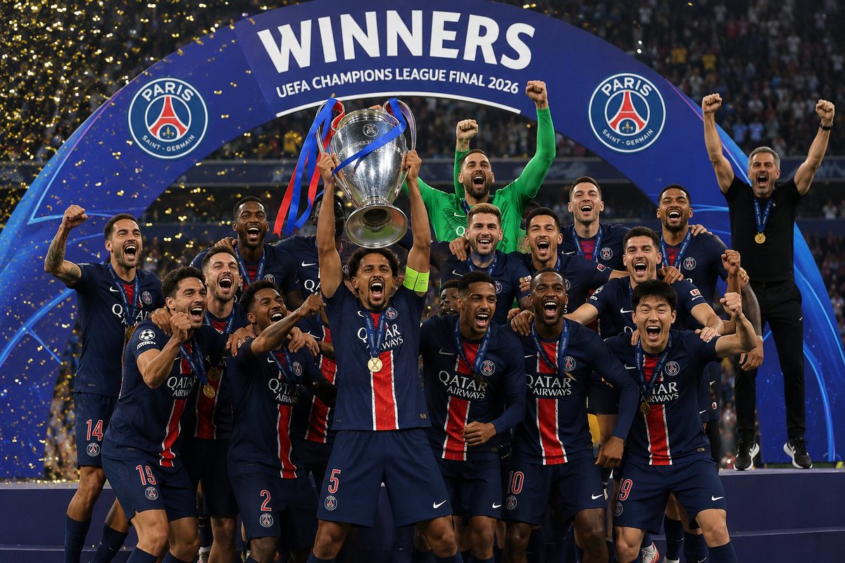 PulseOfSportss's tweet photo. 🏆 PSG are UEFA Champions League 2026 winners!
⚽ Dembélé's equalizer. 🎯 Penalty shootout drama. 👑 European champions once again.
PSG 4-3 Arsenal (Pens) 🔵🔴
#UCLFinal #PSG #ChampionsLeague https://t.co/ZiS7VXcQ5A