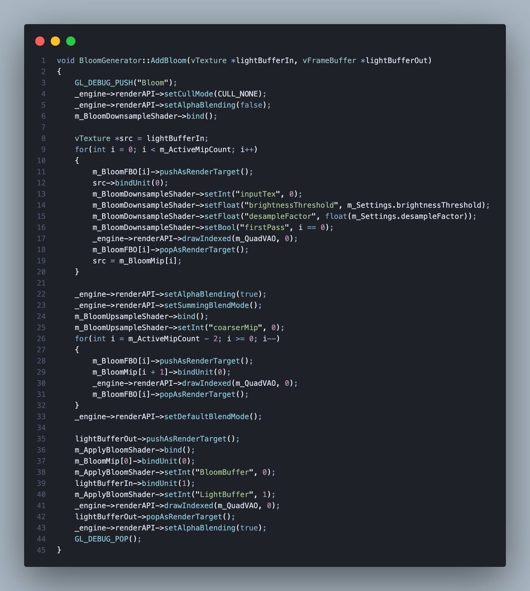 ccallac7's tweet photo. Added a mip based bloom implementation

Does the blurring progressively over desampled buffers (2^-mip) to allow bloom to spread over the whole image cheaply

Scales as O(log(kernelSize)) and its super efficient due to z ordered texture reads https://t.co/heoFpy8faQ