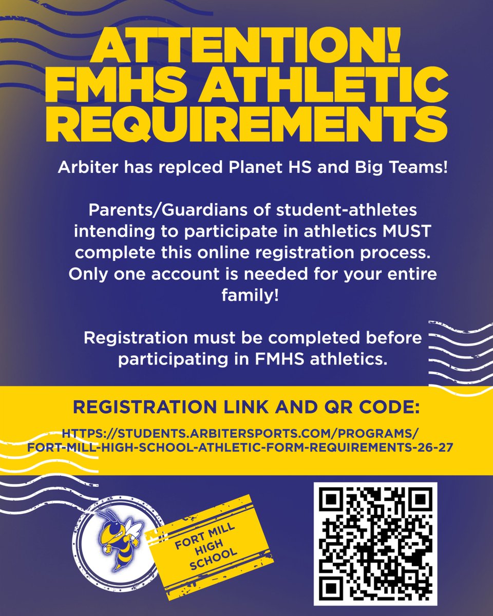 FMYellowJackets's tweet photo. If you are interested in participating in Fort Mill High School Athletics in the 2026-2027 school year, this registration must be completed!  #WeAreFortMill #GoJackets https://t.co/1M3Vq1gQ16