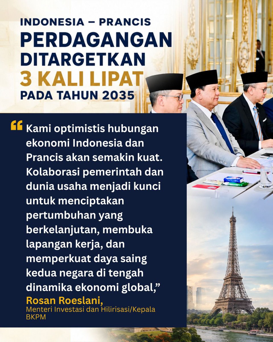 jicvle's tweet photo. Duduk satu meja dengan Prancis, targetkan perdagangan naik 3x lipat. Ini bukan mimpi, ini strategi. Indonesia siap bersaing di tengah dinamika ekonomi global. #OlehPrabowo https://t.co/ZCfifJgB8Y
