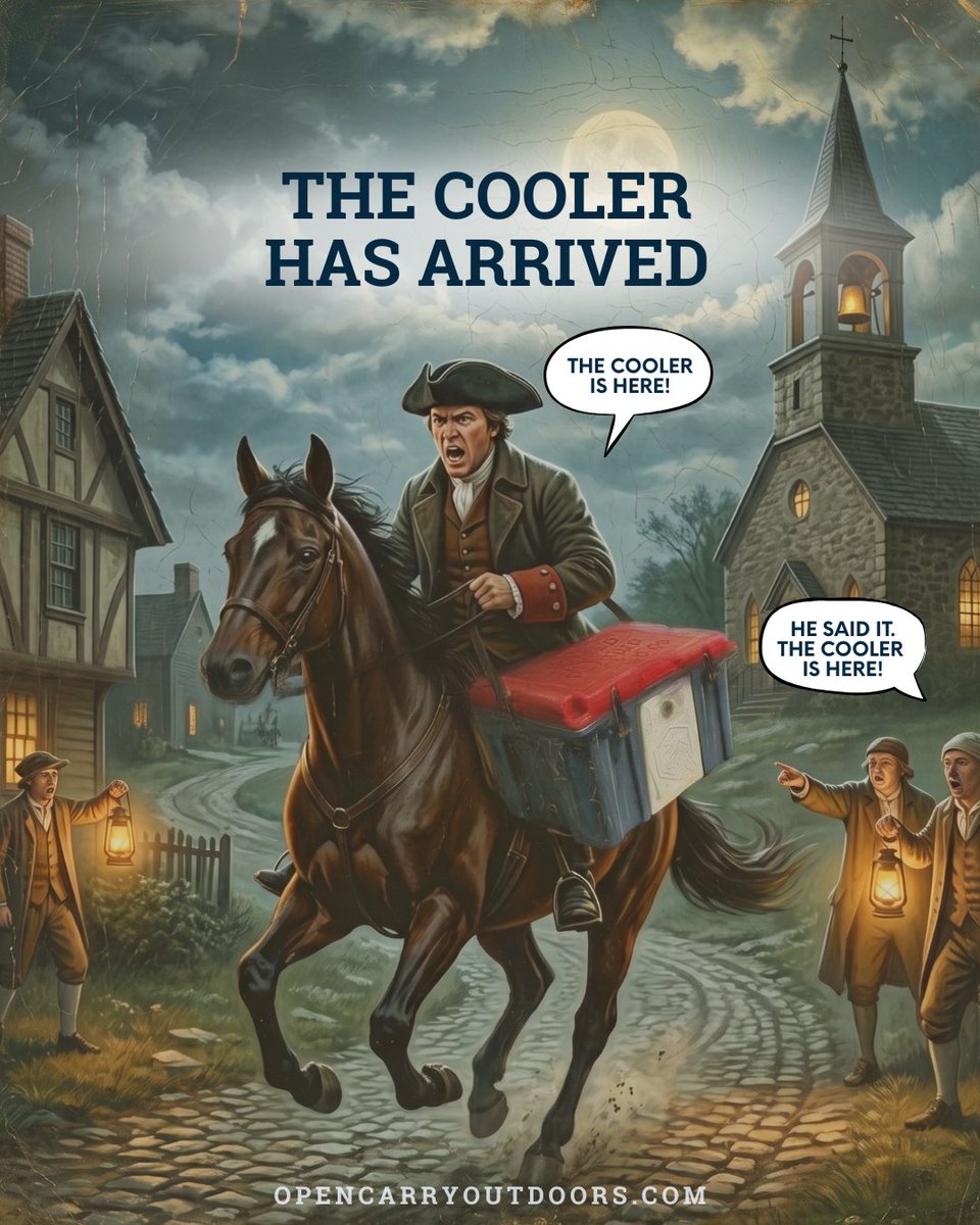 OpenCarryOut's tweet photo. Some news just feels better delivered on horseback. If this were 1775, we’d be lighting lanterns and riding through the night. Since it’s not, we’ll just say it here: the cooler has arrived and so has the Summer of America! 🇺🇸🐎

#SummerofAmerica #OpenCarryOutdoors #250th https://t.co/SR5KzJ0hdM