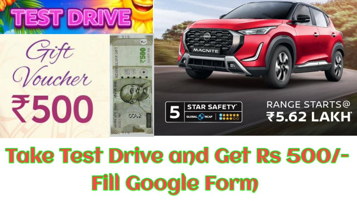 Contest4india's tweet photo. @ArvindKejriwal 🤑 Earning Opportunity!! 💰 
🚗 Book Test Drive of Nisaan Magnite Car
🤑 Earn Rs 500/- on completion.
✍️ Fill interest form
https://t.co/eYQp1DGhRn https://t.co/sLexYg8vXz
