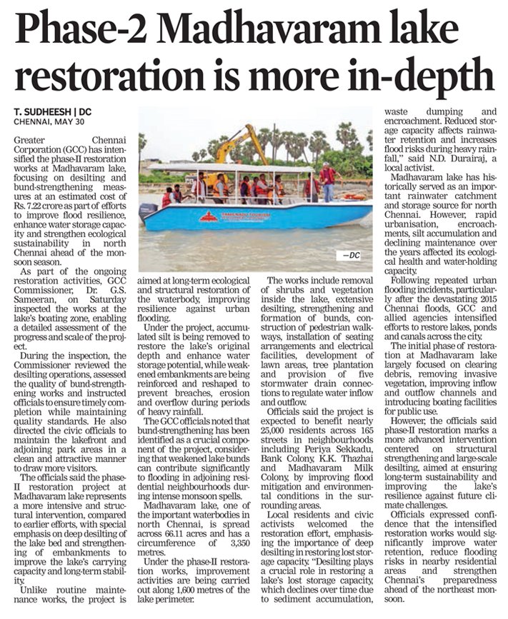 sudheeshdc's tweet photo. The @chennaicorp has intensified the Phase-II restoration works at Madhavaram Lake, focusing on desilting and bund-strengthening measures at an estimated cost of ₹7.22Cr as part of efforts to strengthen ecological sustainability in North Chennai ahead of the monsoon season. https://t.co/Seksqwl7K5