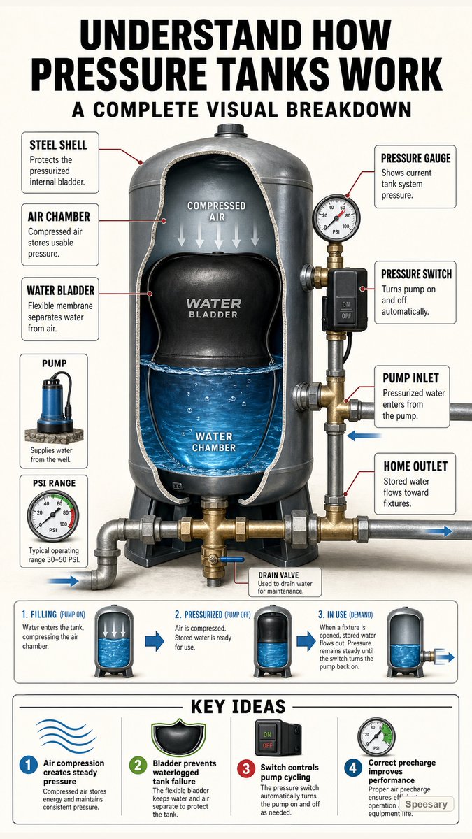 SPeesary's tweet photo. A pressure tank stores water under compressed air pressure, letting your plumbing deliver steady flow without forcing the pump to start every time a faucet opens.\n\n#PressureTank #WaterSystems #PlumbingBasics #WellPump #EngineeringExplained #HomeMaintenance #FluidMechanics #TechnicalIllustration