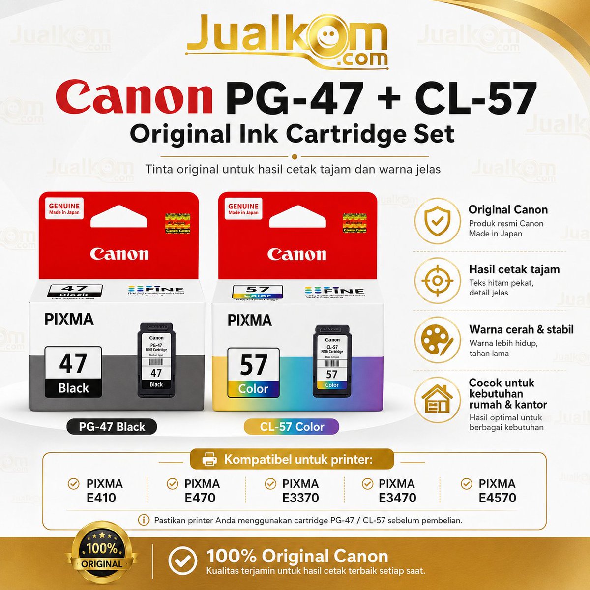KCComputers's tweet photo. Canon PG-47 Black + CL-57 Color Original Ink Cartridge Set. Cocok untuk cetak dokumen harian dengan teks tajam dan warna jelas.
Support PIXMA E410, E470, E3370, E3470 &amp; E4570.
 📲 WA: +62 811-9568-682
 🌐 https://t.co/3hLV4D2Q6k
#CanonPG47 #CanonCL57 #Jualkom https://t.co/HKXyfeuQ5f