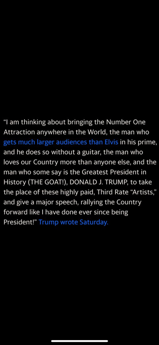 ricktelander's tweet photo. No self-respecting musician will play at Trump’s 250 event.  
These are Con-Don’s actual words of response.  
Parody is impossible.  
This is real. https://t.co/TdRBpdrQ8x