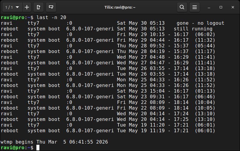tecmint's tweet photo. Quick Linux Tip #7

Need to know which user logged in, from where, and when on your Linux server?

Use:

$ last -n 20

It shows the last 20 login sessions with username, source IP, login time, and session duration.

Run lastb instead to see failed login attempts, which is the first thing to check when you suspect a brute force attack.

Two commands, and you know exactly who has been on your server and who has been trying to get in.

Follow @tecmint for more #Linux tips