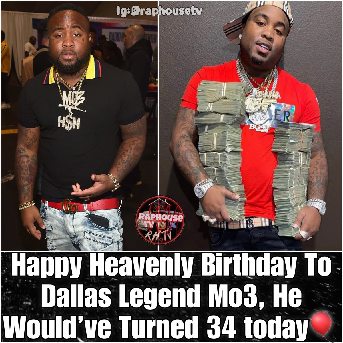 raphousetv2's tweet photo. Happy Heavenly Birthday to Dallas legend MO3 🕊️🎈
Today, fans across the world are remembering the voice, pain, and realness he brought to the rap game. MO3’s music touched millions because he never hid his struggles and always spoke from the heart. Even though he’s gone, his impact on Dallas culture and hip-hop still lives on through every song, every memory, and every fan keeping his name alive. He would’ve turned 34 today ❤️