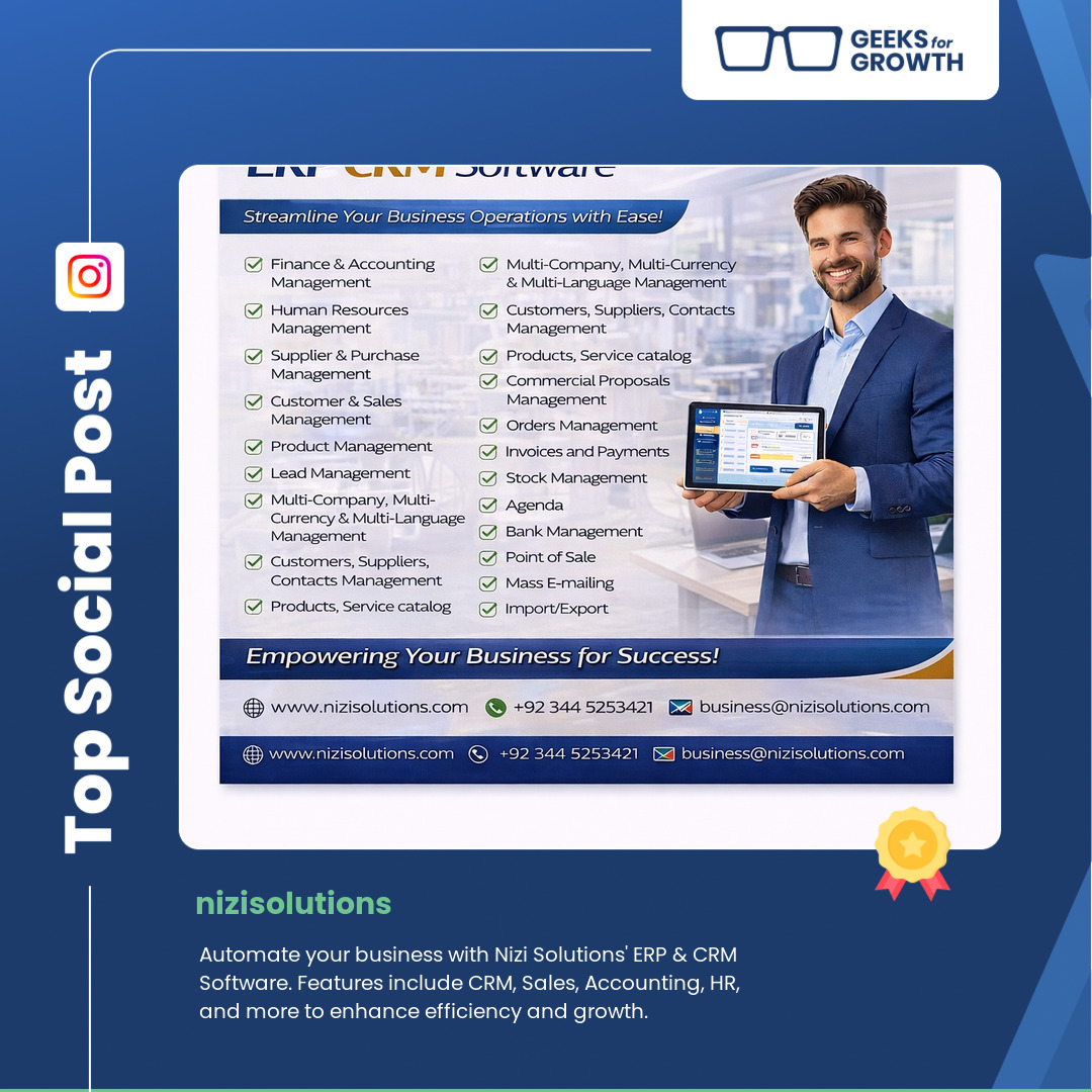 TGG_Madison's tweet photo. Our shoutout for the social post of the day goes to @nizisolutions on Instagram. From @nizisolutions: Automate your business with Nizi Solutions' ERP &amp; CRM Software. Features include CRM, Sales, Accounting, HR, and more to enhance efficiency and growth. https://t.co/MSuivBvIHh