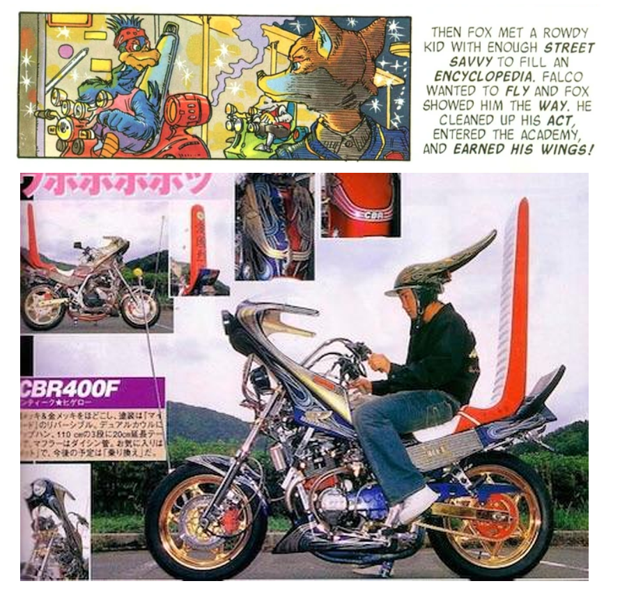undyingnephalim's tweet photo. I've gone deep down the Bōsōzoku rabbit (pheasant?) hole...  What a trippy and awesome subculture. Can't wait to make Falco and Katt's bikes from when they were teenagers in Event Horizon. #starfox https://t.co/ggXbuAvFdG