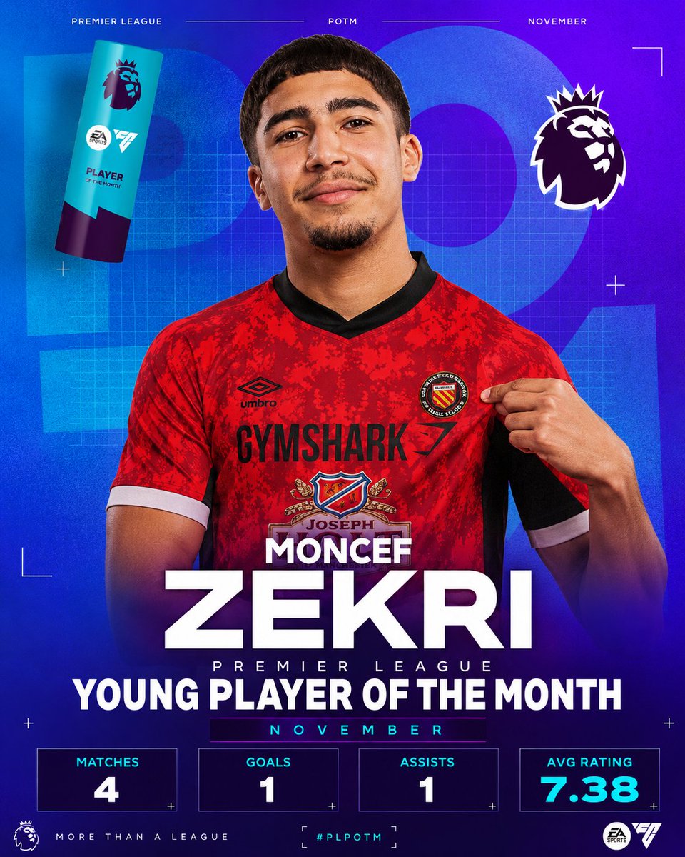 thenumber9king's tweet photo. 🏆 PREMIER LEAGUE YOUNG PLAYER OF THE MONTH

Moncef Zekri becomes the first FC United player to win a Premier League individual award.

📊 November:
⚽ 1 Goal
🅰️ 1 Assist
⭐ 7.38 Avg Rating
History made. ❤️🖤
#FCUM #FM26 https://t.co/qja0uexqBA