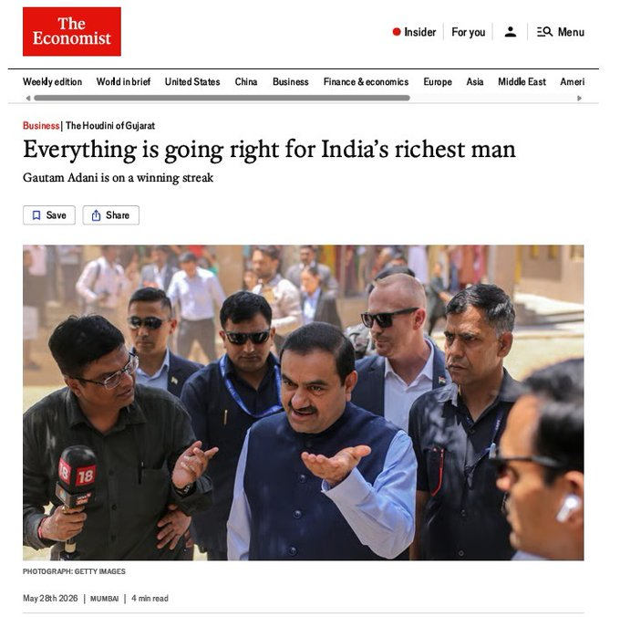 aravind's tweet photo. The GLISCO-DS tried to attack Adani and his company using their infiltrated orgs, institutions, and media in the west. 

They see Adani as a huge strategic asset for India. And as a big competitive threat to Chinese and some other companies.

This is their "get many mangoes with one stone" project: 

- Link Adani to Modi, use politics to instigate Indians against Adani

- Hit Adani with media hit jobs, cases, corruption scandals, and investigations

- Use these litigation to prevent their companies operating freely in some countries

-  Use these to incite people in some African countries against their companies that compete with Chinese cos

-  Hit their shares, cause economic losses for Indian investors, siphon money off India by shorting

- Cause economic issues for India and political stability issues for GoI, "use Adani to politically weaken Modi" - as said by Soros himself

- Prevent India from extracting resources it needs, project strategic power using Adani's ports

So many mangoes they tried to get using one stone of Adani. That's why the pursuit against Adani companies has been relentless.

It is good not just India, but many partner countries too stood up against these communist methods to attack a strategic company. 

Adani has played well too. Yet, I must warn it is only because of geopolitical climate now they are able to wriggle free.

So I will still say Adani needs investment in PR and social media infowar. Adani can not just help themselves but help India as well if they do this. 

Something like NDTV is not the answer. While The Economist article my sound like GLISCO-DS is burning with rage, I see it as they preparing for another hit job.