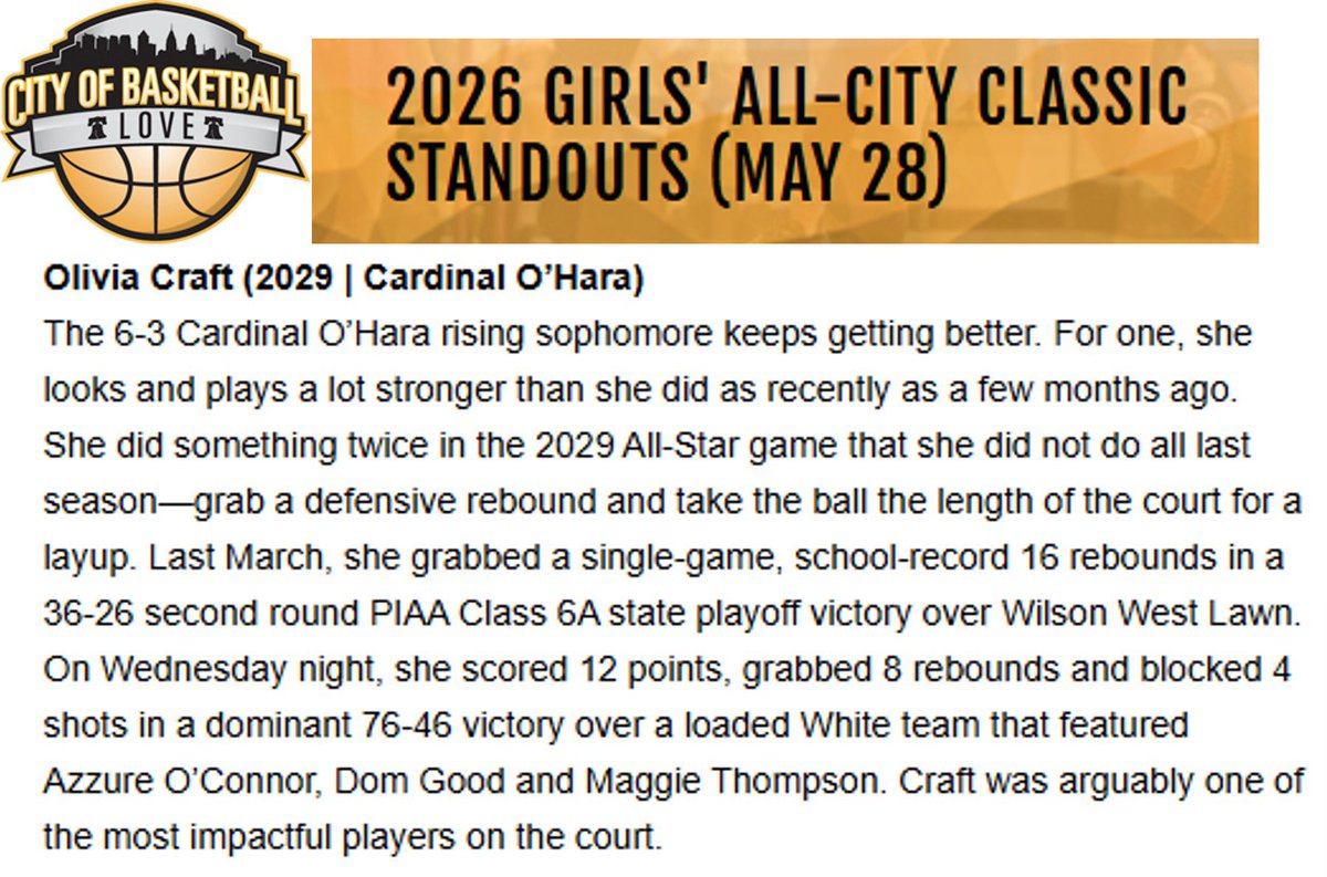 OliviaCraft2029's tweet photo. Shout out to @hooplove215 for my write up from the All City Classic All Star Game! https://t.co/qq9m11SRTc