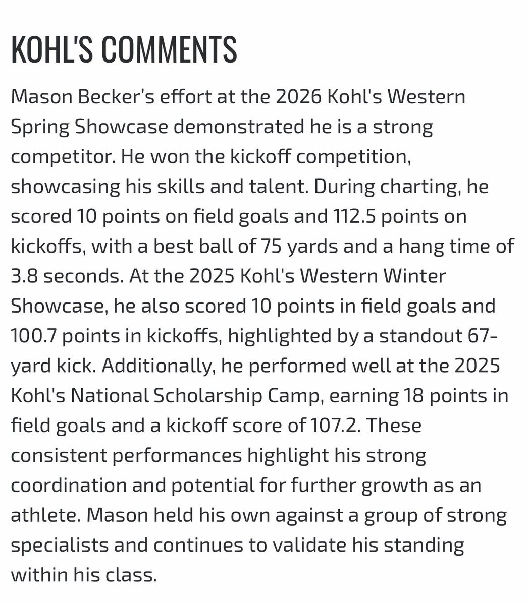 Mason_Becker27's tweet photo. Honored to be ranked #43 nationally and #1 in Kansas by @KohlsKicking 

Juggling three sports 🏈🏀⚾️ has made every kicking session count. The consistency and confidence are continuing to improve, and I’m excited to keep building this summer.

Looking forward to camp season! https://t.co/p4VA3pWjWg