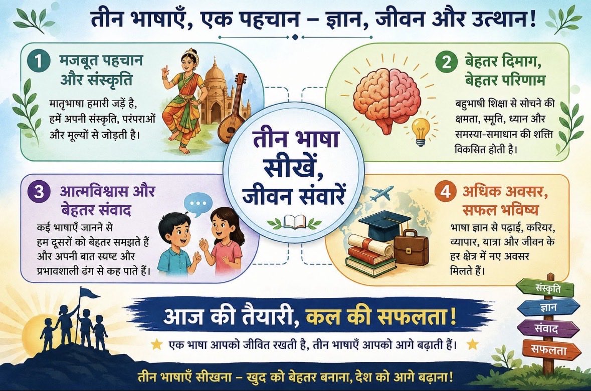 itsPSM05's tweet photo. CBSE की 3-Language Policy का समर्थन करता हूँ।
भारतीय भाषाएँ हमारी पहचान, संस्कृति और ज्ञान की वाहक हैं। नई पीढ़ी को अपनी जड़ों से जोड़ने की दिशा में यह एक सराहनीय कदम है।
भारतीय भाषाओं का सम्मान, भारत का सम्मान। 🇮🇳
#CBSE #ThreeLanguagePolicy #NEP2020

@cbseindia29 @EduMinOfIndia https://t.co/jv3T3xW866
