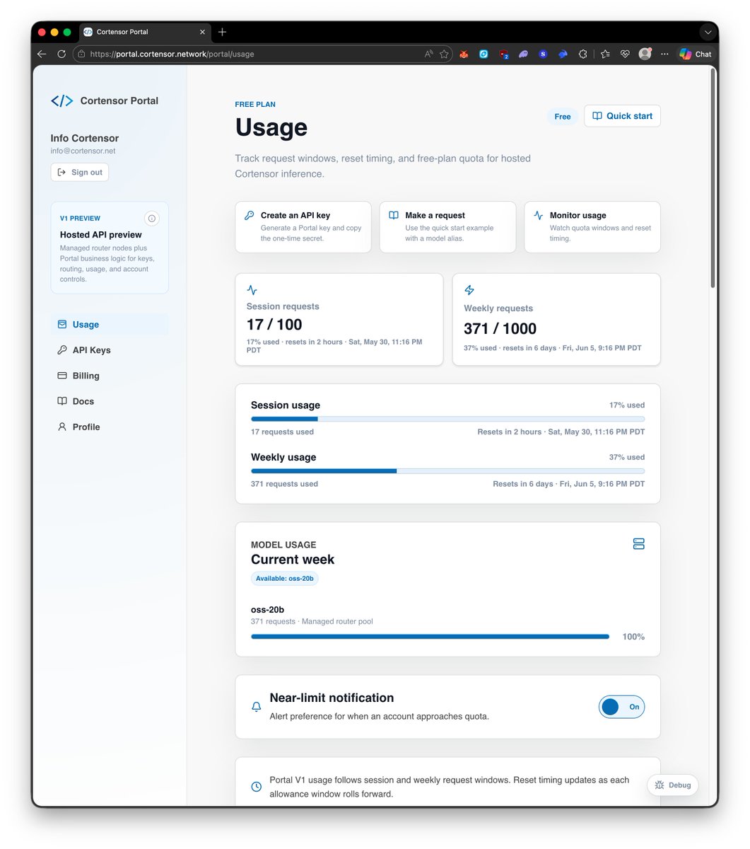 cortensor's tweet photo. 🛠️ DevLog – Follow-Up on Portal Quota / Rate-Limit Testing

A quick follow-up on the Portal side.

🔹 Current read  
So far, the quota / rate-limit path seems to be working as expected in the current Portal flow.

🔹 What’s next  
From here, we’ll keep running more tests, especially around the weekly limit path, to make sure:
- usage keeps rolling up correctly
- reset timing behaves properly
- the Portal UI stays in sync
- nothing breaks as the counters move higher

🔹 Why this matters  
The session/window limit path already looks better now, so the next useful check is making sure the broader weekly usage path also holds up cleanly under continued usage.

#Cortensor #DevLog #Portal #API #RateLimit