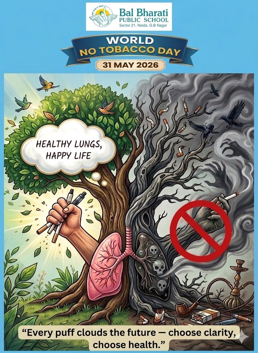 BBPSNoida's tweet photo. On World No Tobacco Day let us reflect on  how tobacco and nicotine products are designed to attract young people through misleading packaging, flavours and media influence.

Together, we can choose health over addiction and awareness over temptation. https://t.co/Ac5SNd3HxI