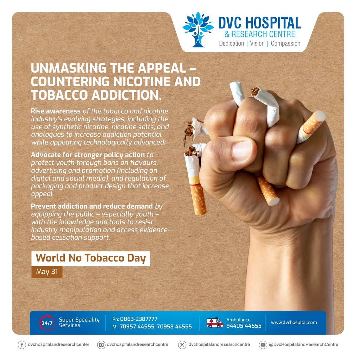 DVChospital's tweet photo. India is among Top 10 tobacco smoking countries in the world.

Protect our youth from tobacco and nicotine abuse,Don't allow our asset to fall prey to tobacco.

"Commit to Quit"

#WorldNoTobaccoDay
#DVCHospital https://t.co/bNwkPGi52l