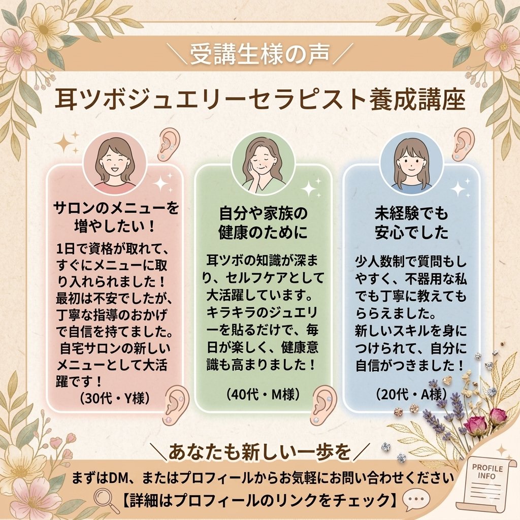 CreoJewelry's tweet photo. 【＼受講生様の声／ 耳ツボジュエリーセラピスト養成講座】
当スクールの「耳ツボジュエリーセラピスト養成講座」はオンラインや通信講座でも対応可能です💞

受講のご相談やご質問は、このアカウントの【DM】までお気軽にお送りください✨

#耳ツボジュエリー #耳ツボ #資格取得  #美容資格 https://t.co/fyRHLfsaoX