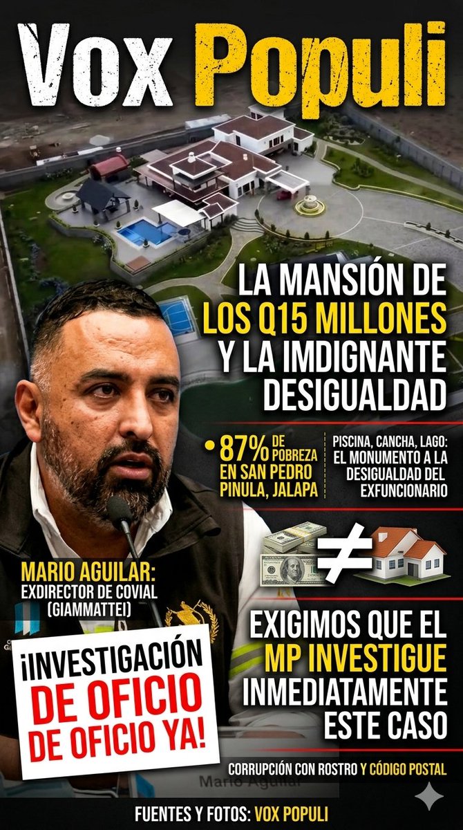 Herman5818Pb's tweet photo. Exigimos al @MPguatemala  la investigación inmediata de esta caso de corrupción entre otros Miles de casos.  Esto es una bofetada a los Guatemaltecos. Actúen Ya.
 El descaro de la corrupción en Guatemala tiene rostro y código postal. Mario Aguilar, exdirector de Covial durante el gobierno de Giammattei, construyó una ostentosa mansión valorada en más de Q15 millones. 

¿La ubicación? San Pedro Pinula, Jalapa. 

El contraste es indignante. Mientras el 87% de la población de ese municipio vive en la pobreza, el exfuncionario edificó un complejo con piscina, cancha polideportiva, un lago artificial y muros perimetrales con extrema seguridad. Un monumento a la desigualdad. 

La matemática no cuadra. Es imposible que un funcionario público, con su salario de ley, pueda justificar una propiedad de esta magnitud. Estas imágenes y evidencias deberían ser más que suficientes para que el Ministerio Público inicie una investigación de oficio. 

Este caso ejemplifica el sistema de incentivos perversos de nuestra política: la cultura de llegar al Estado a servirse. Es la materialización de la frase "no pido que me den, sino que me pongan donde hay", pagada con los impuestos de los guatemaltecos. 

No podemos normalizar la impunidad ni la corrupción ostentosa, de los gobiernos pasados ni de los actuales.

Imágenes por Vox Populi
Fuente Vox Populi