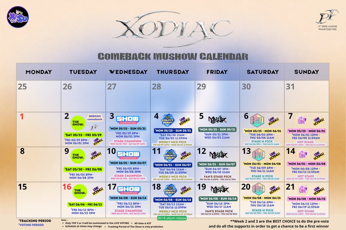 XoSuTeam's tweet photo. [XODIAC COMEBACK MUSHOW CALENDAR]
( ´∀`)/~~❤️❤️ 3rd MINI ALBUM PHANTOM FIRE 

#XBLISS! Read carefully to the MuShow calendar for the tracking & voting period.

Week 2 and 3 are the GOLDEN TIME for XODIAC to get the best results !

Keep collecting ammunition at Idol Champ and Higher app, let's unite & do our best now!

#XODIAC #소디엑 #PHANTOMFIRE