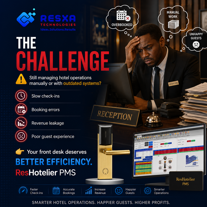 ResxaTech's tweet photo. : The Challenge**
⚠️ Still managing hotel operations manually or with outdated systems?  
• Slow check-ins  
• Booking errors  
• Revenue leakage  
• Poor guest experience  
👉 Your front desk deserves better efficiency. ResHotelier PMS
#ResHote https://t.co/gciZa5UrXN