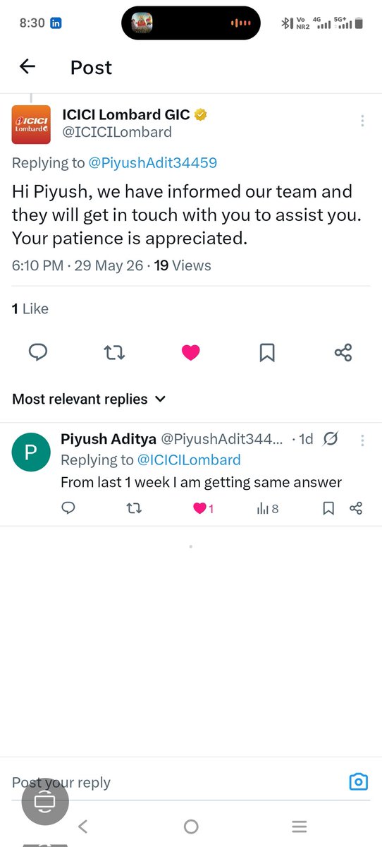 PiyushAdit34459's tweet photo. @yogeshkajla @ICICILombard Last 15 days se jyada ho gya old claims pending hai no one tell me where is issue or query and kal ki claims approve ho gyi so icici ki I will take care app or customer helpline is speechless and x p sirf ye reply hai so fraud with health insurance https://t.co/byoSqSjn2K