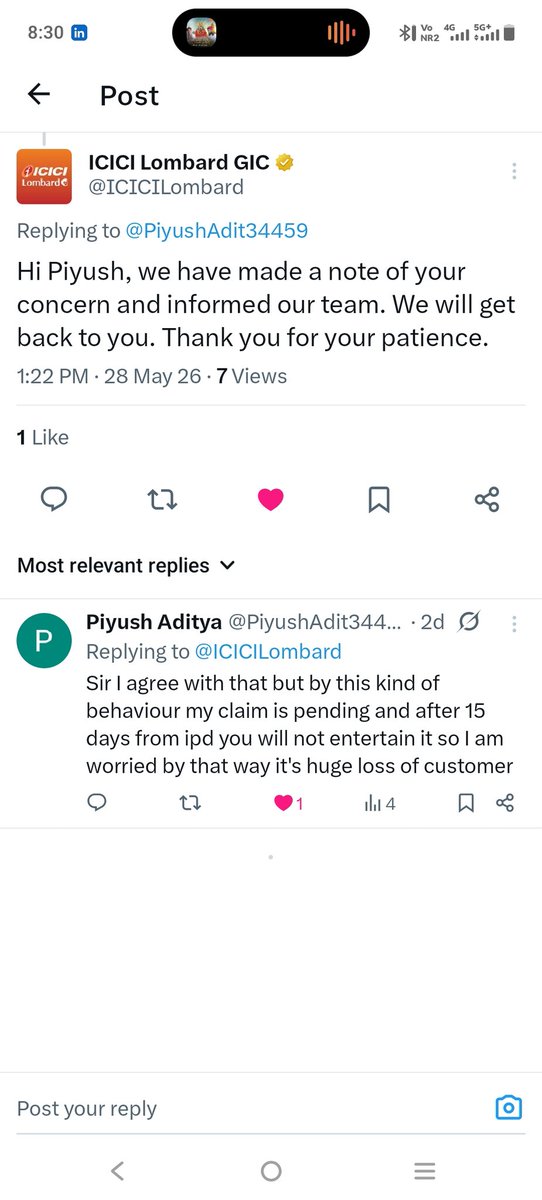 PiyushAdit34459's tweet photo. @yogeshkajla @ICICILombard Last 15 days se jyada ho gya old claims pending hai no one tell me where is issue or query and kal ki claims approve ho gyi so icici ki I will take care app or customer helpline is speechless and x p sirf ye reply hai so fraud with health insurance https://t.co/byoSqSjn2K