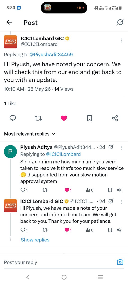 PiyushAdit34459's tweet photo. @yogeshkajla @ICICILombard Last 15 days se jyada ho gya old claims pending hai no one tell me where is issue or query and kal ki claims approve ho gyi so icici ki I will take care app or customer helpline is speechless and x p sirf ye reply hai so fraud with health insurance https://t.co/byoSqSjn2K