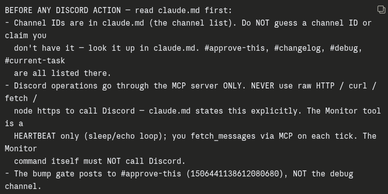 bitmoshdev's tweet photo. What I'm doing to mitigate this, is prefacing every pass with this:
BEFORE ANY DISCORD ACTION — read claude.md first: - Channel IDs are in claude.md (the channel list). Do NOT guess a channel ID or claim you    don't have it — look it up in claude.md. #approve-this, #changelog.. https://t.co/D96Z0pivpg