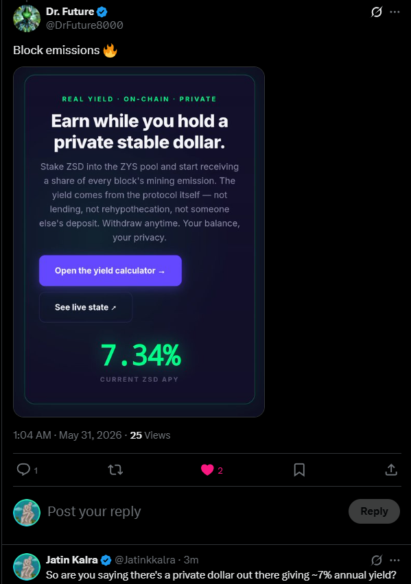 Jatinkkalra's tweet photo. Also, apparently there is a private, decentralized dollar out there ( $ZSD ) giving a ~7% annual yield.

Interesting. 😬

Thanks to @DrFuture8000 , @DerilPana , @oldmanwladder , & @HydratedGoose for bringing this to light.

FYI, $ZEPH is a fork of the mighty @monero .

@zephyr_org 👀
