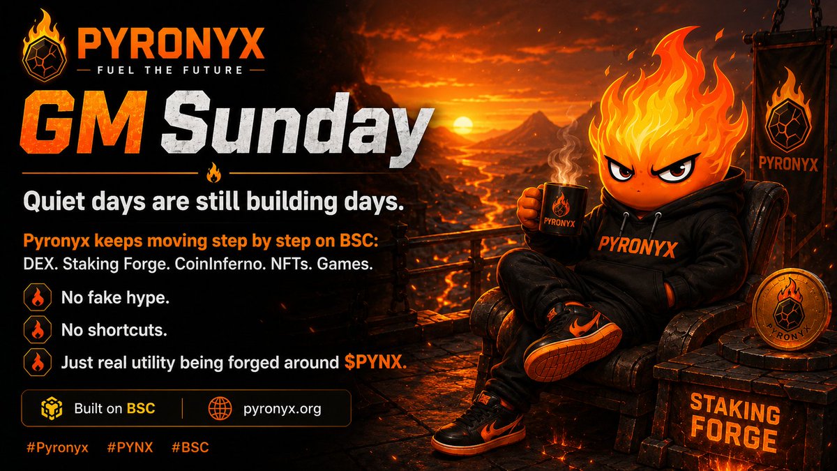 pyronyx5959's tweet photo. GM Sunday ๐ฅ
Quiet days are still building days.
Pyronyx keeps moving step by step on BSC:
DEX. Staking Forge. CoinInferno. NFTs. Games.
No fake hype.
No shortcuts.
Just real utility being forged around $PYNX.
#Pyronyx #PYNX #BSC https://t.co/4dJLkFjz9T
