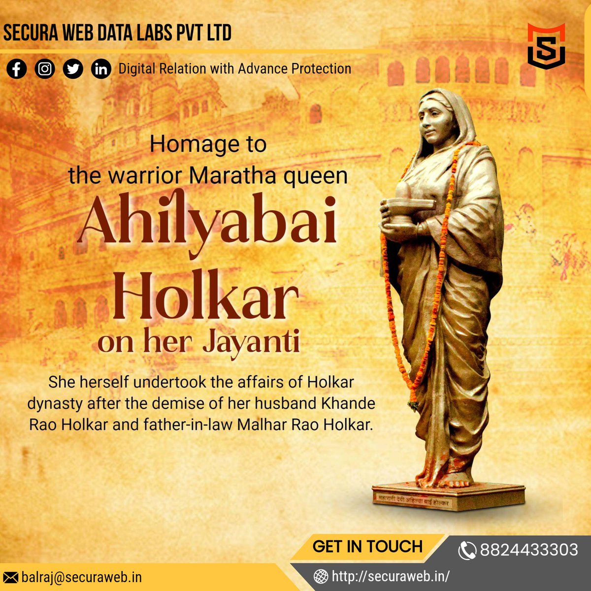 SecuraWebDL's tweet photo. Paying homage to the epitome of courage, leadership, and administration—the warrior Maratha queen, Ahilyabai Holkar, on her Jayanti. 🙏✨ #AhilyabaiHolkarJayanti #MarathaHistory  #SecuraWebDataLabs #SecuraWeb https://t.co/iY9eos86db