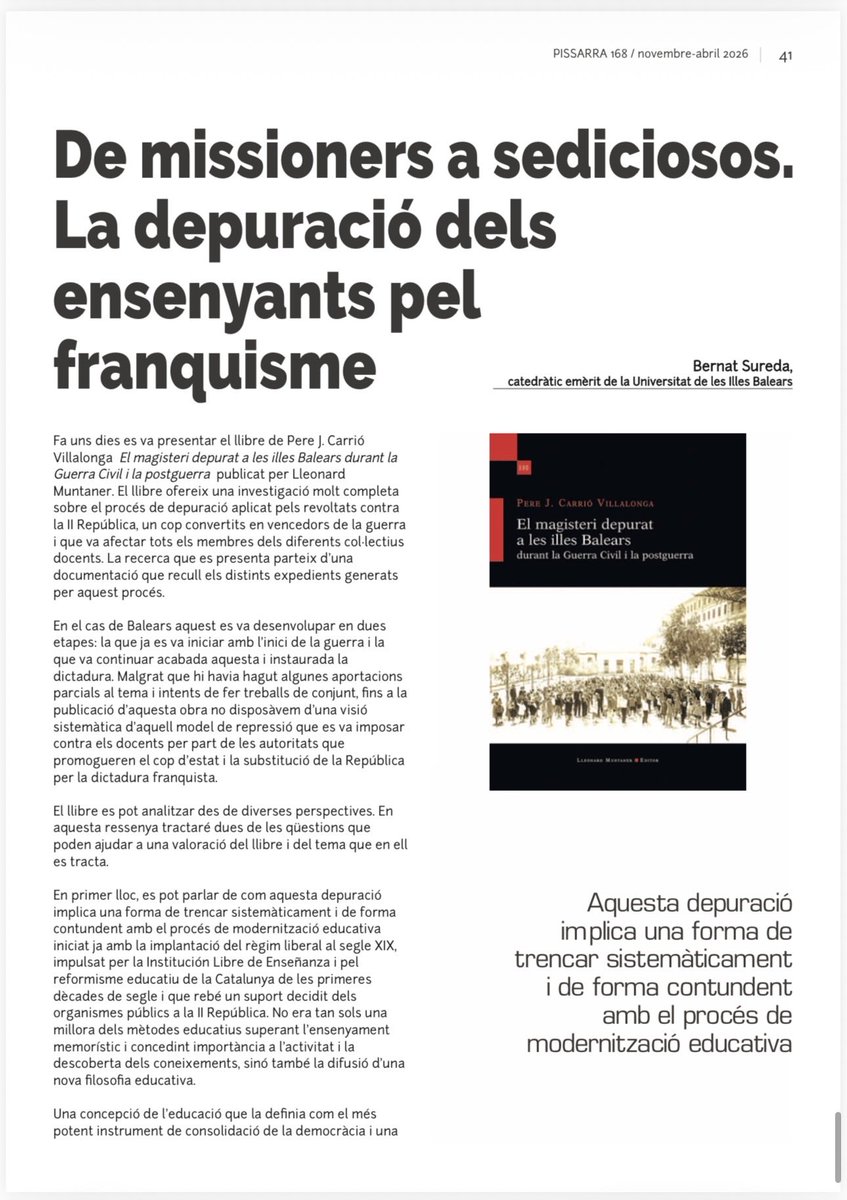 gedheuib's tweet photo. De missioners a sediciosos. La depuració dels ensenyants pel franquisme. Article de @BernatSureda a la revista #Pissarra @sindicatSTEI sobre el darrer llibre de @PereCarrio (editat per @LleonardEditor) #histed #mestres #depuracions #Balears https://t.co/1KHQTsbKYh