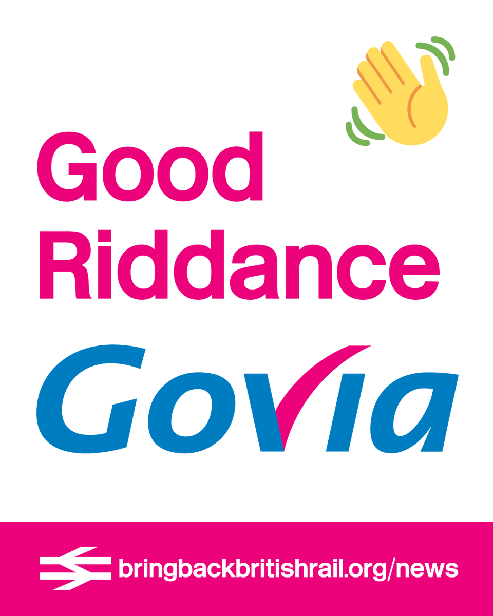 bringbackBR's tweet photo. Good Riddance Govia!🚆

We’re celebrating Thameslink, Southern &amp; Great Northern finally back in public ownership today👏
 
This marks the end of a decade long fight begun by our friends @ABCommuters during the #SouthernFail crisis in 2016
 
Read more here https://t.co/ZZAIQetKo7 https://t.co/TlSnng14LD