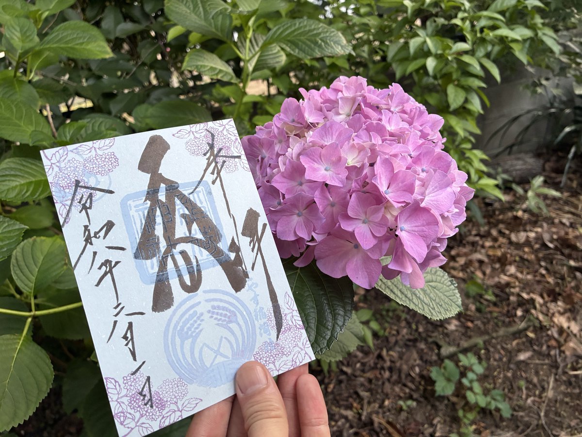 koyasuinari's tweet photo. 明日6/1より6月限定御朱印の頒布をいたします。和紙の四隅に紫陽花の印を押して六月らしく書かせていただきました。書き置きでの頒布となりますので予めご了承ください。
#子安稲荷神社
#御朱印
#限定御朱印 https://t.co/qbJF46LBuo