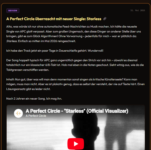 audiohotel_de's tweet photo. https://t.co/parbvUBnjm
Alta.. da hat mnich der algo von Tidal doch kalt erwischt. Ich hatte ja keine ahnung das a perfect circle ein neues Liedchen rausbringt #Starless #APC #aperfectcircle
goil https://t.co/e1lzMXGuo7