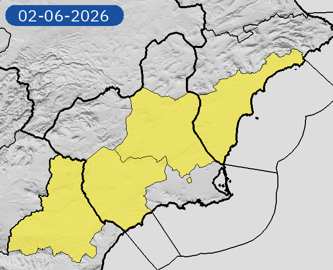 AEMET_Murcia's tweet photo. 31/05 11:36 AVISOS PASADO MAÑANA | Región de Murcia: temperaturas máximas. Nivel máximo de aviso: amarillo.
Actualizaciones en https://t.co/gQDupQ393c https://t.co/MdtZXcNzkK