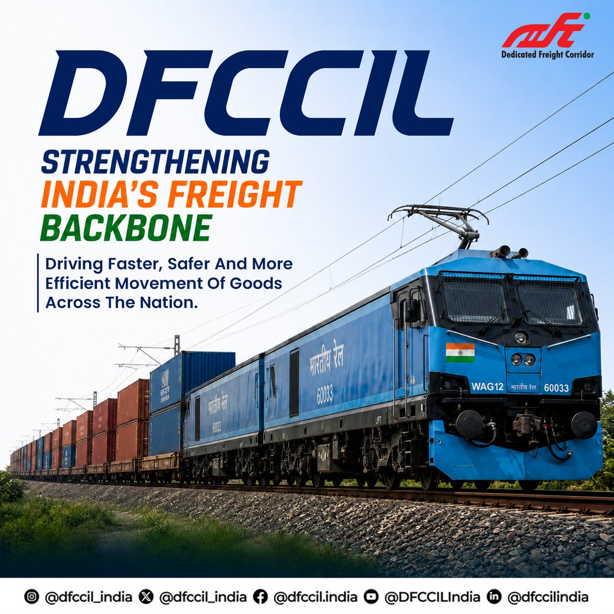 dfccil_india's tweet photo. India’s #freight backbone is moving faster than ever.

DFCCIL is delivering a transformative #logistics network designed for the demands of a rapidly growing India. By strengthening connectivity between industrial hubs, ports, and markets, #DFCCIL is helping businesses move more, grow faster, and compete better.

#DedicatedFreightCorridor #FreightLogistics #RailFreight #SustainableTransport