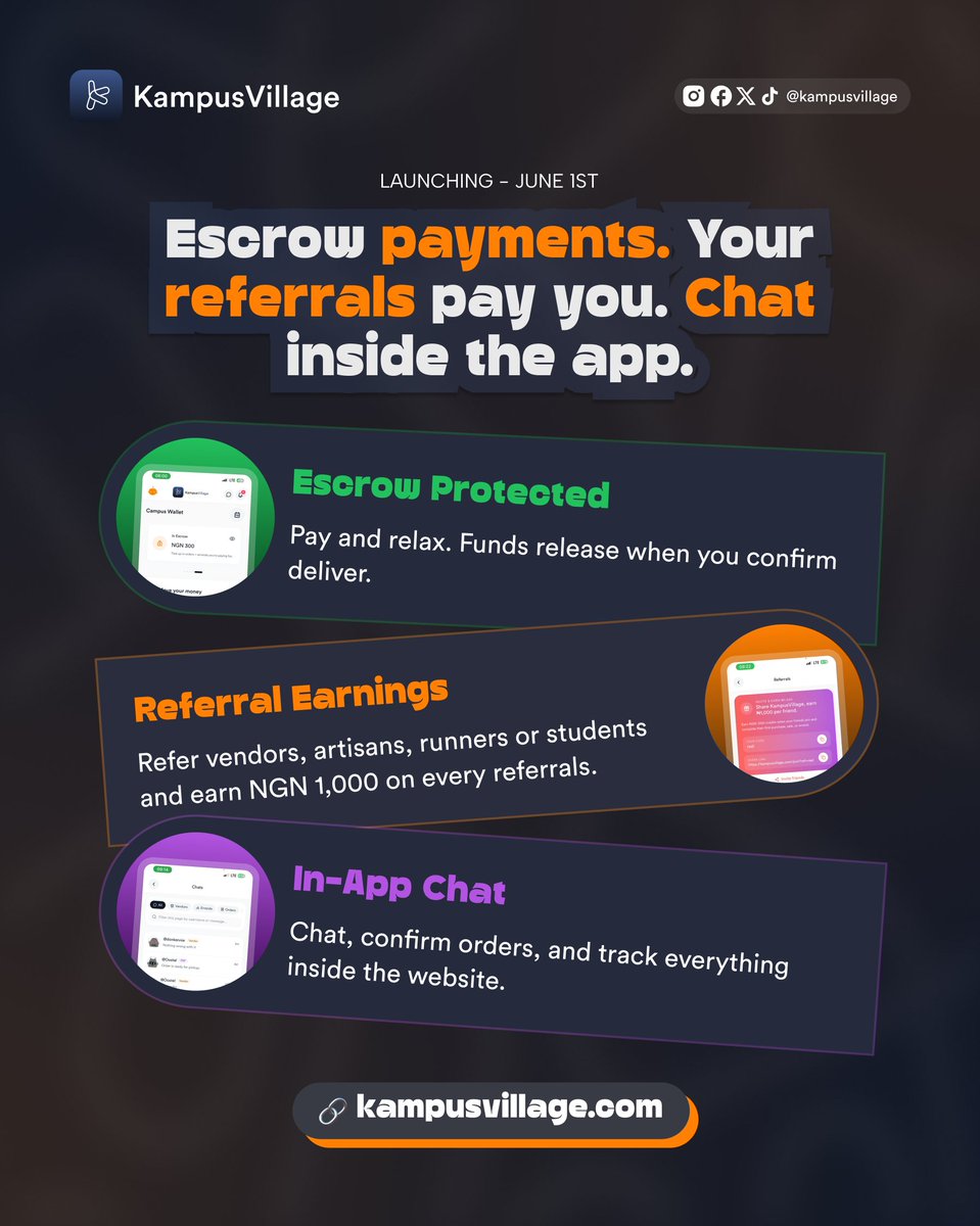 KampusVillage's tweet photo. Refer 10 friends. Earn ₦10,000. No stress.

With KampusVillage, every successful referral puts ₦1,000 straight into your wallet.

And that's not all:

🔒 Escrow-protected transactions 
💬 In-app chat for buyers and sellers 
🏃 Earn money daily as a campus runner https://t.co/XhHmBxYuru