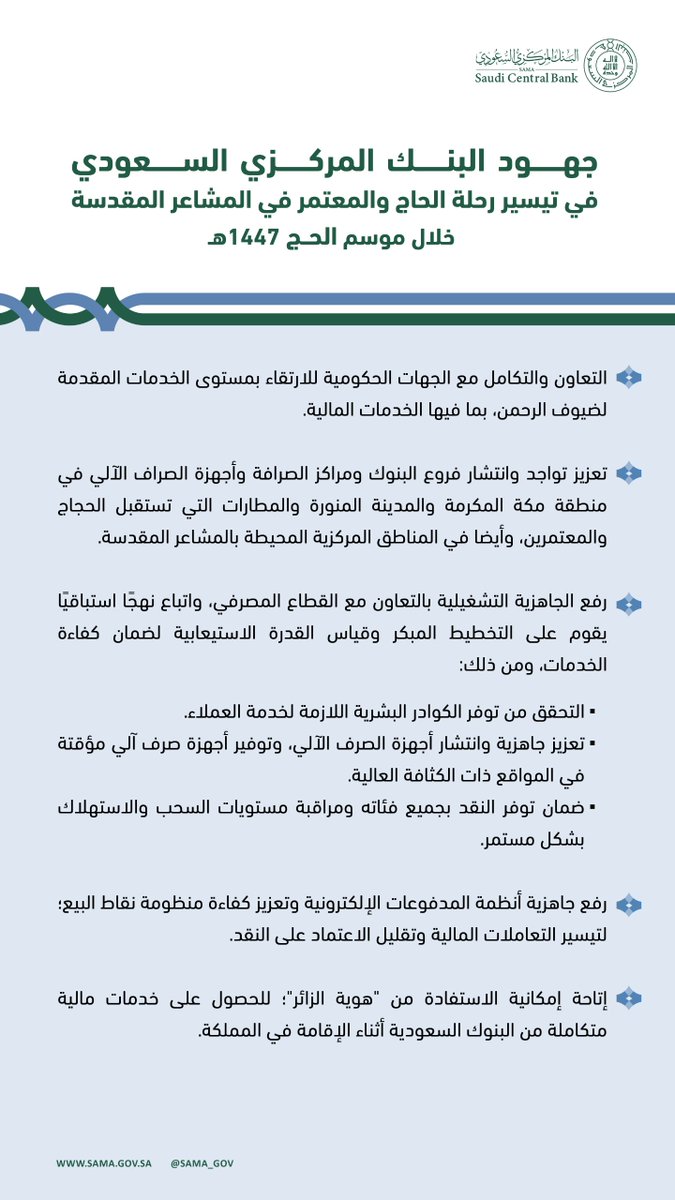 SAMA_GOV's tweet photo. أبرز جهود #البنك_المركزي_السعودي "ساما" في تيسير رحلة الحاج والمعتمر في المشاعر المقدسة خلال موسم الحج 1447هـ. https://t.co/fzWjTxzAoa