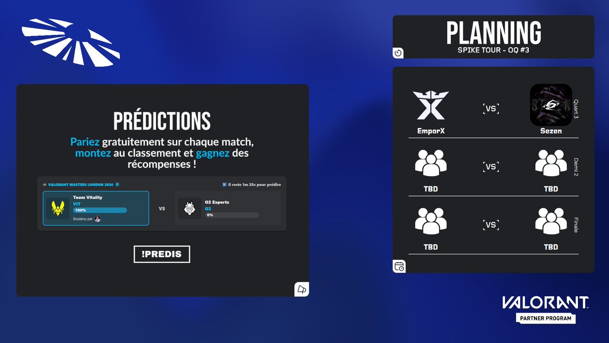 Overmaster2's tweet photo. 🧑🏼‍🚀 Les playoffs de l'OQ #3 démarrent !

1er match : @EmporXEsports et @TeamSezen !

Les prédictions sont lancées sur https://t.co/ZUmZmFxM5a alors venez placer votre prono !

@nabag_kiito cast avec moi la 1ère map d'ici 20min !

RDV sur https://t.co/jziR9VqClx 🚀