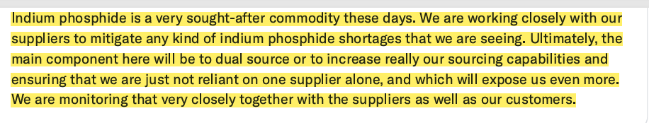snmart's tweet photo. One risk with $IQE:

An InP shortage can help them, but it can also hurt them.

> The good side:  If InP lasers are in short supply, demand for IQE 6 inch InP epitaxy should increase. 

That could mean more volume, better pricing, and strong operating leverage from a very low gross margin base.

> The bad side: $IQE does not make the InP substrate. It buys it.

So if InP substrate becomes scarce and expensive, $IQE could face higher costs at the same time demand is rising 

Can $IQE secure enough InP substrate to turn the demand into revenue, without the higher cost destroying the margin? (we have already seen 1.4% gross margin)

The CEO said InP is “a very sought-after commodity” and that $IQE is working to dual-source so they are “not reliant on one supplier alone.”

That is the detail I will be watching closely.