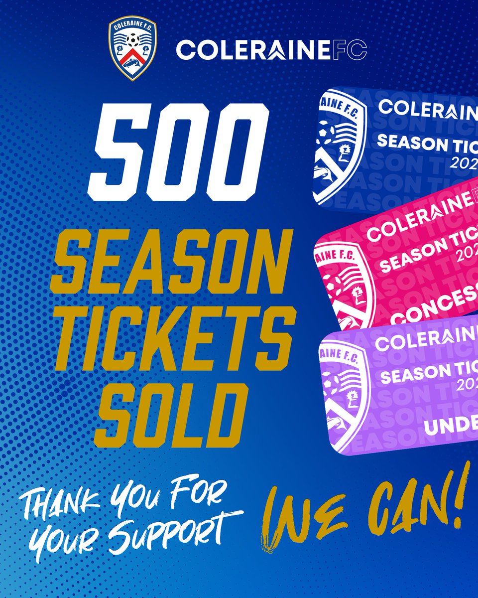ColeraineFC's tweet photo. Over 500 season tickets have been sold so far ahead of the 2026/27 campaign π₯
The good news is that you can join that number and cheer on the Bannsiders at The Showgrounds π #COTB
Full info π https://t.co/awgT1J86ZD
Purchase link π https://t.co/0ul7qPAXSb https://t.co/eL3CwKGhHY