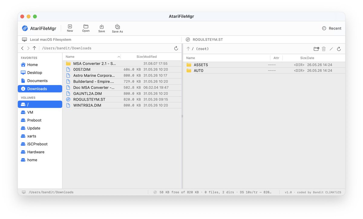 BanditCLX's tweet photo. Atari ST Disk Image Editor for macOS

A simple, native macOS tool for working with Atari ST disk images.

Inspired by:

https://t.co/hr7YsJgal3
https://t.co/spA8FP3cWr
https://t.co/B8ynxqEg4p

I always wanted a straightforward, well-designed Mac app that could open, browse, modify, and extract files from Atari ST disk images — and also create new ones.

This tool supports opening .st, .msa, .dim, and .ahd files. You can read and edit the contents freely, but saving is currently limited to .st and .msa formats.

I finally decided to build my own version. Feel free to download and use it — and please report any bugs you encounter!

Download: https://t.co/dZ0dGyyhz5

Source Code: https://t.co/pMhVYyix4p

Have fun! Bandit / CLiMATiCS
https://t.co/h98qcGZvhd

Version History
Version 1.0
- Improved language handling and disk geometry detection (thanks to https://t.co/bKP2wmVtQq)
- Added support for .dim and .ahd files (read-only for these formats)
- Added custom disk geometry support
- Added native support for Intel CPUs