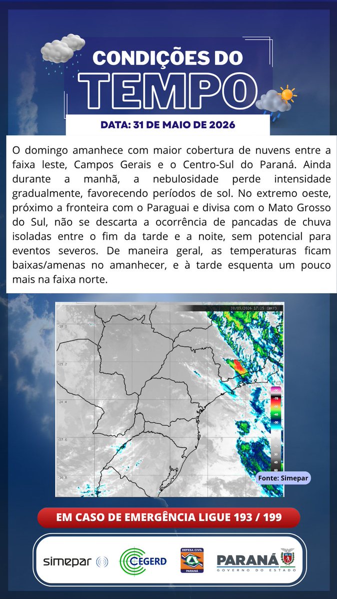 PRDEFESACIVIL's tweet photo. ⚠️CONDIÇÕES DO TEMPO, RISCO DE INCÊNDIOS FLORESTAIS, RISCO GEOLÓGICO E RISCO HIDROLÓGICO⚠️

Válido para 31 maio de 2026 https://t.co/nSRvJCfiqb