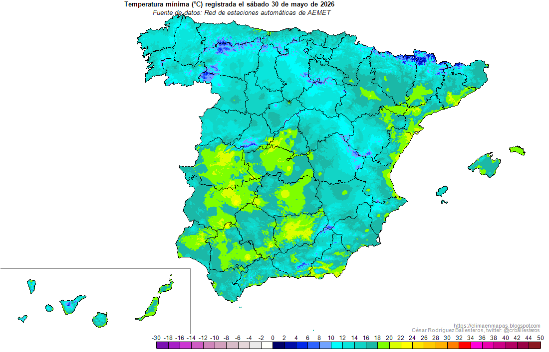 crballesteros's tweet photo. #Temperaturas máximas y mínimas registradas ayer sábado 30 de mayo y #Anomalías resultantes. Periodo de referencia: 1991-2020. #ClimaEnMapas.
https://t.co/a1tteKOK2v https://t.co/5pl9sI3Zbl