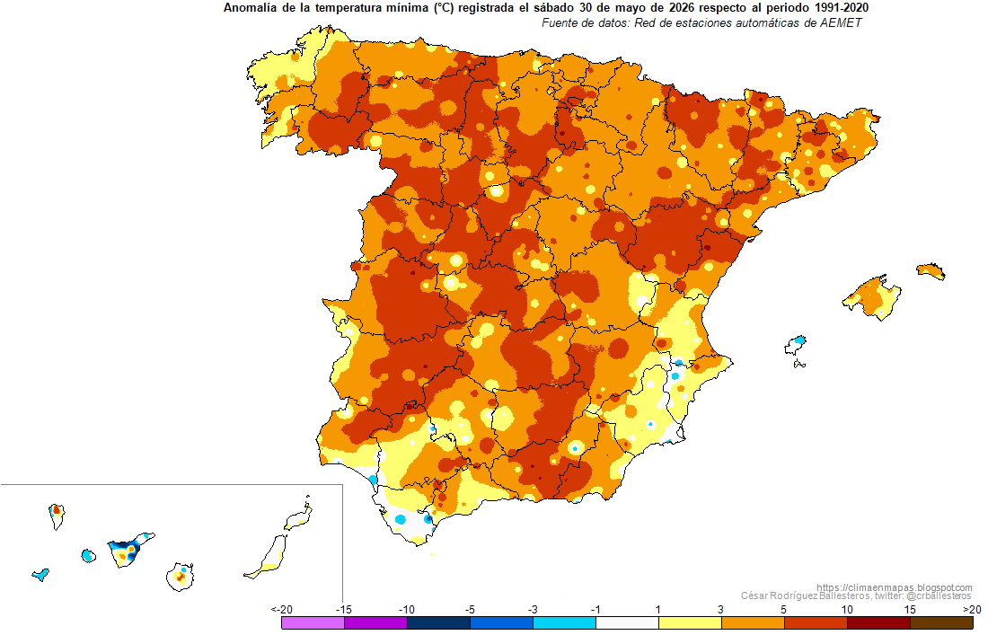 crballesteros's tweet photo. #Temperaturas máximas y mínimas registradas ayer sábado 30 de mayo y #Anomalías resultantes. Periodo de referencia: 1991-2020. #ClimaEnMapas.
https://t.co/a1tteKOK2v https://t.co/5pl9sI3Zbl