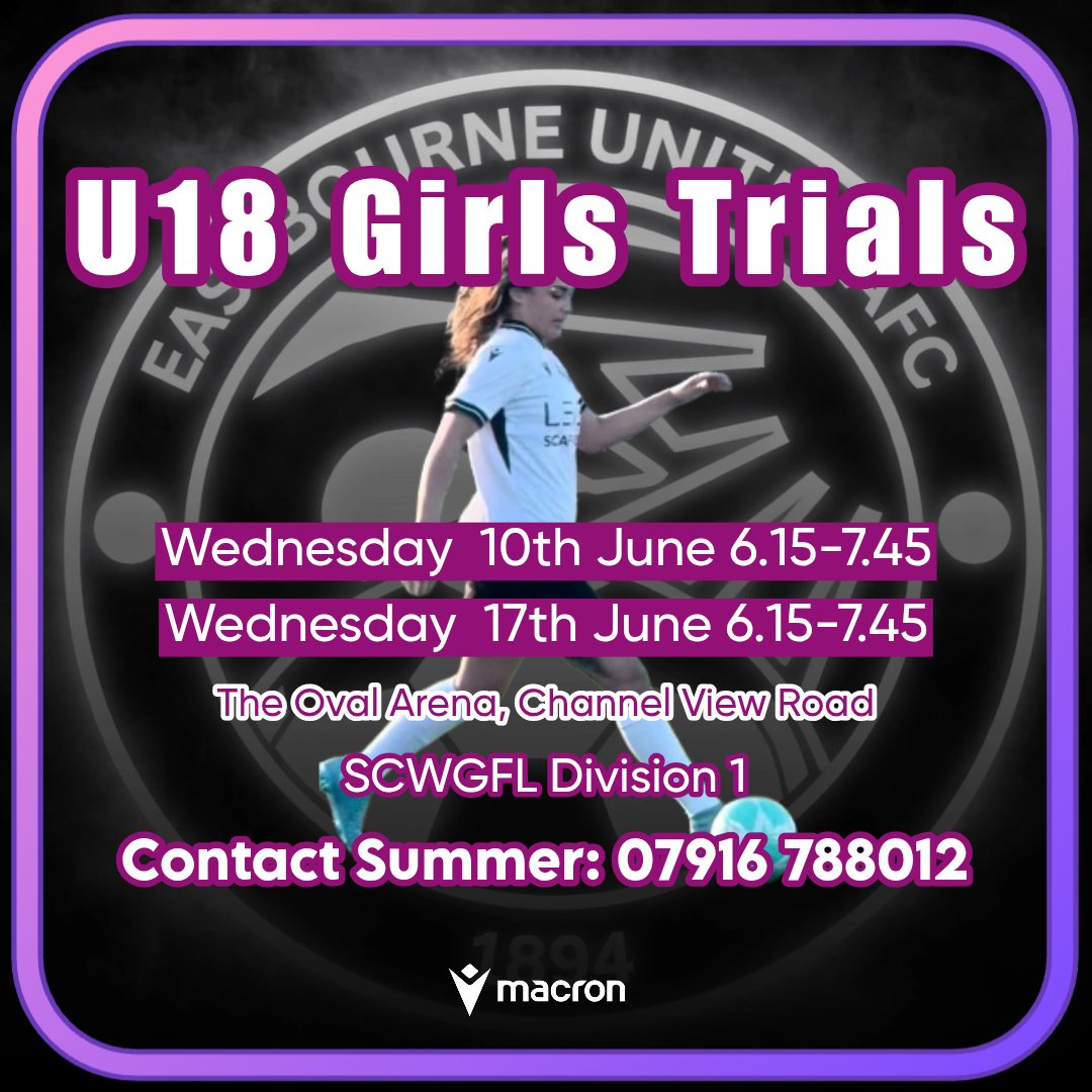 eastbourneuafcY's tweet photo. 𝗧𝗥𝗜𝗔𝗟𝗦 ⚫️⚪️

U18 SCWGFL Division 1

📍 The Oval Arena
📅 10th &amp; 17th June
⏰ 6:15–7:45pm

📞 Summer – 07916 788012
📧 Youtheuafc@outlook.com

#FootballTrials #SCWGFL #GrassrootsFootball https://t.co/0J0ACjOiCh
